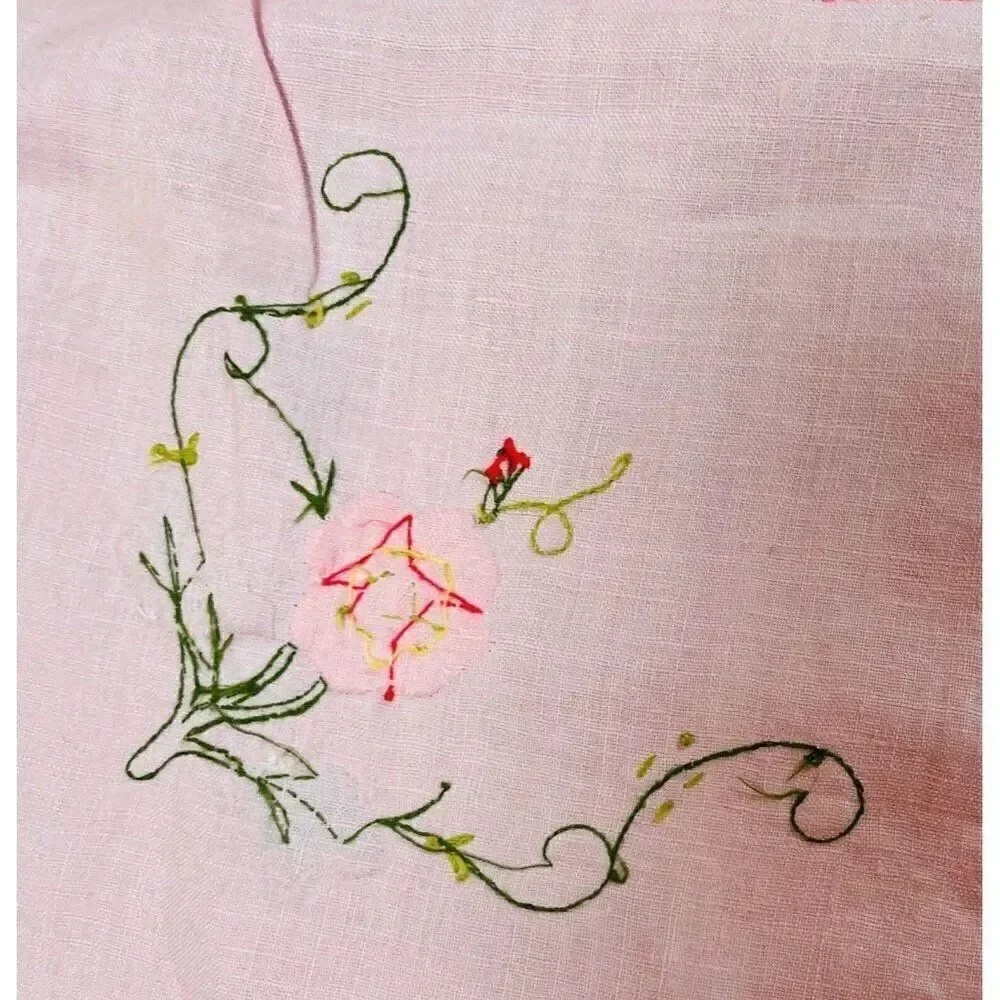 Vintage Handmade Pink Square Embroidered Floral Tablecloth 42 x 41 Appliqué Cute